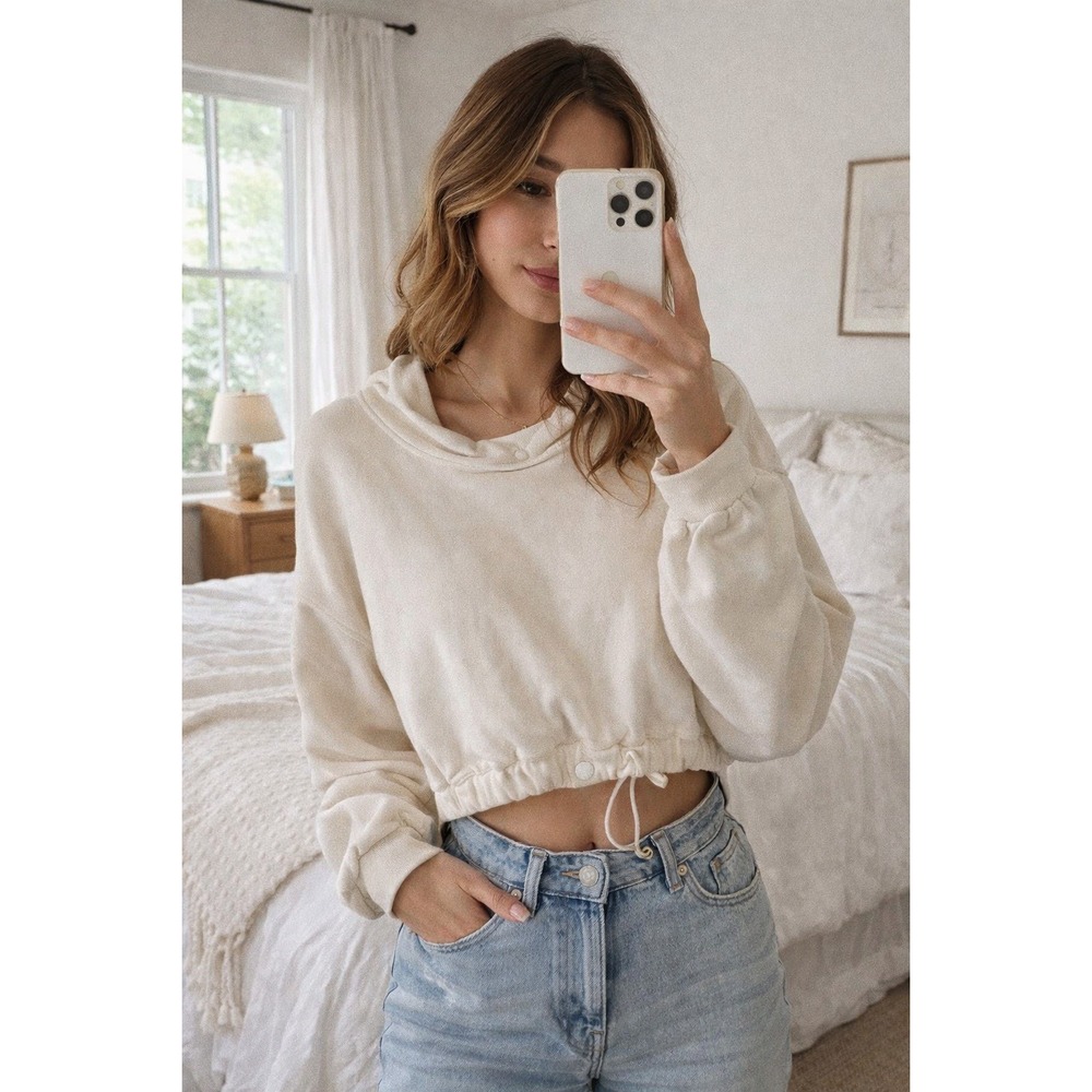 For Love & Lemons Cream‎ Cropped Hoodie Sweatshirt XL Drawstring Waist Cream